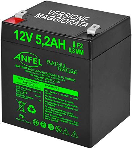 ANFEL Batteria Ermetica al Piombo 12 V 5,2 AH per UPS, Sistemi di Videosorveglianza e Allarme Attacco Faston 6.3 mm Dimensioni 9 x 10 x 7 cm Carica 5 Ah 5,2 Ah