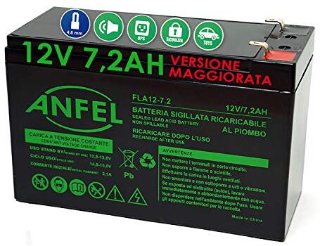 ANFEL BATTERIA AL PIOMBO RICARICABILE 12V 7,2AH 20hr Per allarmi antifurti ups lampade di emergenza