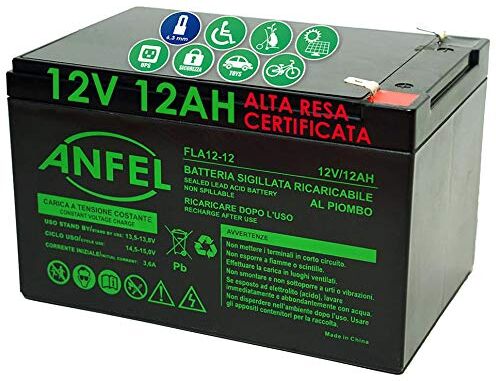 ANFEL 12V 12AH batteria ricaricabile al piombo VRLA Faston F2 6.35mm Per allarmi antifurti, sistemi di sicurezza, Batterie di ricambio per UPS USV, Solar, Solarpanel