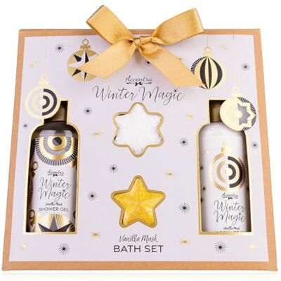 accentra Set da bagno invernale Magic in confezione regalo, set da 4 pezzi, per donne con gel doccia, lozione per il corpo e 2 bombe da bagno, set regalo festivo per Natale, Vanilla Musk in bianco accentra Set da bagno invernale Magic in confezione regalo, set da 4 pezzi, per donne con gel doccia, lozione per il corpo e 2 bombe da bagno, set regalo festivo per Natale, Vanilla Musk in bianco
