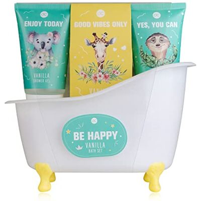 accentra BE HAPPY Set da bagno e doccia con profumo di vaniglia, set regalo per il relax per le donne, per il compleanno o per Natale, set regalo e cura da 5 pezzi con mini vasca da bagno decorativa accentra BE HAPPY Set da bagno e doccia con profumo di vaniglia, set regalo per il relax per le donne, per il compleanno o per Natale, set regalo e cura da 5 pezzi con mini vasca da bagno decorativa