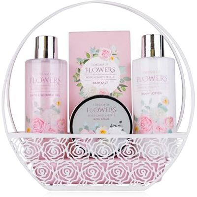 accentra Set da bagno DREAM OF FLOWERS in cestino metallico con manico, con gel doccia, lozione per il corpo, sali da bagno e peeling per il corpo, set regalo per compleanno, San Valentino o festa accentra Set da bagno DREAM OF FLOWERS in cestino metallico con manico, con gel doccia, lozione per il corpo, sali da bagno e peeling per il corpo, set regalo per compleanno, San Valentino o festa