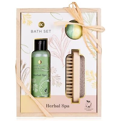 accentra Herbal Spa Set doccia in scatola di legno, con gel doccia, bomba da bagno, spazzola per unghie con pietra pomice, profumo limone e timo, regalo per compleanno, San Valentino e festa della accentra Herbal Spa Set doccia in scatola di legno, con gel doccia, bomba da bagno, spazzola per unghie con pietra pomice, profumo limone e timo, regalo per compleanno, San Valentino e festa della