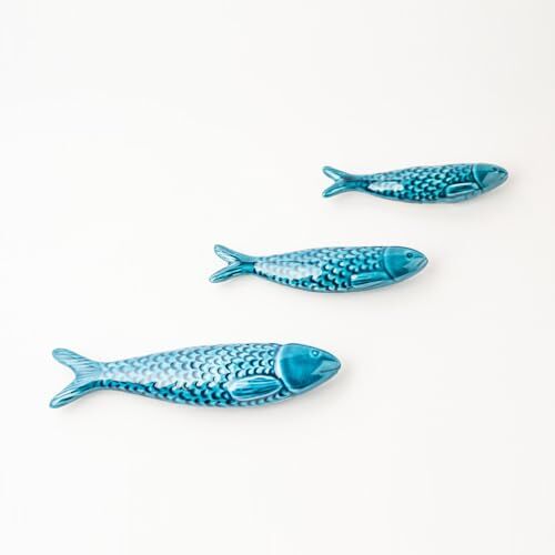 Generic Set di 3 sardine in ceramica per decorazione da parete e casa. Ornamenti pendenti fatti a mano con ceramica. Confezione di sardine decorative da parete. (Blu)