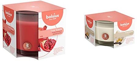 Bolsius Candela Profumata in Giara 95/95 mm Large, Colore Rosso, Fragranza Melograno, True Scents & Candela Profumata in Vetro 63/90 mm Medium, Colore Crema, Fragranza Vaniglia, True Scents