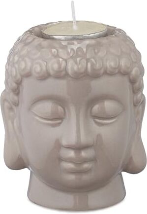 Relaxdays Portacandele Buddha in ceramica, testa di Buddha per Tealight, decorazione zen per soggiorno e bagno, decorazione Feng Shui, grigio, 1 pezzo