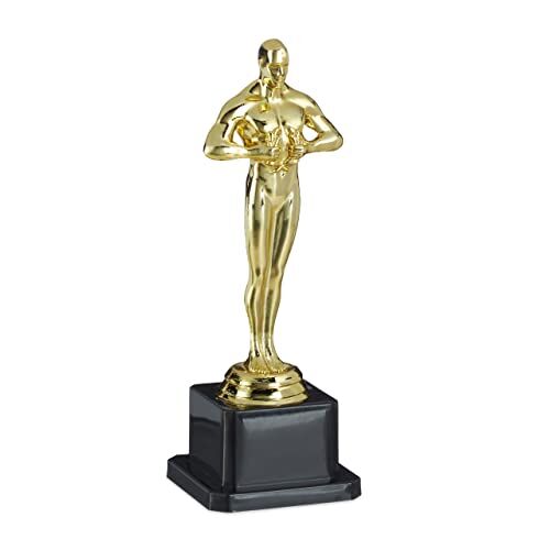 Relaxdays Statuetta, Premio con Podio Quadrato, Statua con Corona, Cinema & Hollywood, Idea Regalo, Decorazione,18cm,Oro Gioventù Unisex, 1 pz