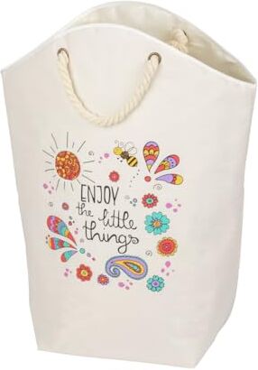 Wenko Cesto portabiancheria Rollin'Art Little Things, capacità 58 l, color crema con motivo libellule "Enjoy the little things", 2 impugnature intrecciate in corda di cotone, 53x60x25