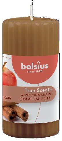 Bolsius True Scents Candela a Colonna Profumata Fragranza Mela e Cannella Colore Caramello Lunga Durata di 33 Ore Estratti Naturali Candela Decorativa Cera 12 x 5.8 cm