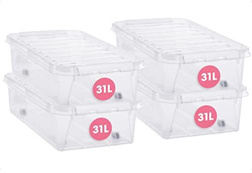 SmartStore Set di 4 contenitori in plastica trasparente da 31 l, impilabili e impilabili, per alimenti, senza BPA, chiusura a clip, colore bianco, 72 x 40 x 19 cm