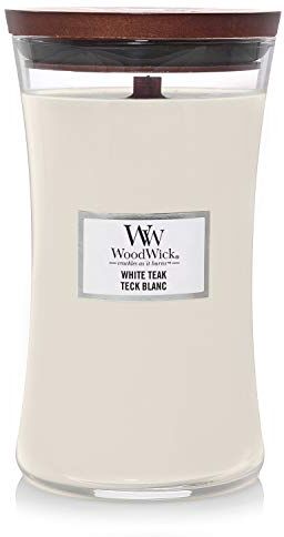 Woodwick candela grande profumata con stoppino scoppiettante   White Teak   Durata Fino a 130 Ore