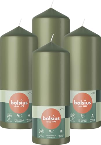 Bolsius Candele a pilastro lisce, verde, 4 pezzi, 15 x 6 cm, candele decorative per la casa, lunghezza 42 ore, non profumate, 5% di cera vegetale naturale, senza olio di palma, Avvento