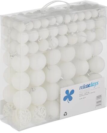 Relaxdays Set da 150 Palline di Natale, Addobbi Natalizi, Opache, Lucide, Glitterate, ∅ 3,4 e 6 cm, Decorazioni, Bianco