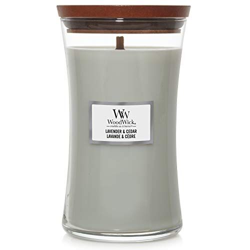 Woodwick Candela profumata Hourglass grande con stoppino crepitante   Lavanda e Cedro   Durata della fragranza: fino a 130 ore