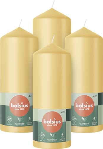 Bolsius Candele a colonna, colore beige, confezione da 4, 15 x 6 cm, candele decorative per la casa, lunga durata di 42 ore, inodore, cera vegana naturale, senza olio di palma