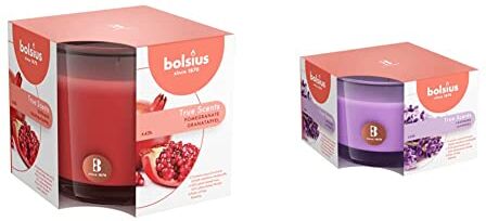 Bolsius Candela Profumata in Giara 95/95 mm Large, Colore Rosso, Fragranza Melograno, True Scents & Candela Profumata in Vetro 63/90 mm Medium, Colore Viola, Fragranza Lavanda, True Scents