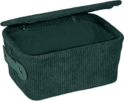 Wenko Cesta da bagno Anela con coperchio in design a corda per riporre e mettere in ordine strumenti e accessori da bagno, 100% poliestere, maniglia in pelle artificiale, 19 x 10 x 14 cm, verde scuro