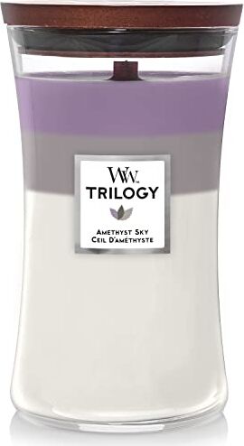 Woodwick Trilogy candela grande profumata con stoppino scoppiettante  Amethyst Sky   Durata Fino a 130 Ore