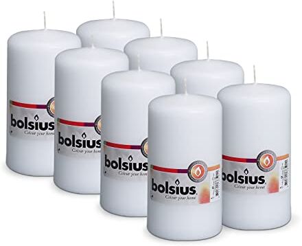 Bolsius Candele a pilastro lisce, colore bianco, set da 8 pezzi, candele decorative per la casa, lunghezza 43 ore, non profumate, cera naturale per piante, 13 x 7 cm