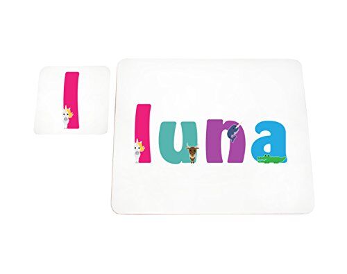 Little Helper Tovaglietta con Coaster stile illustrativo colorato con il nome di Giovane Ragazza Luna