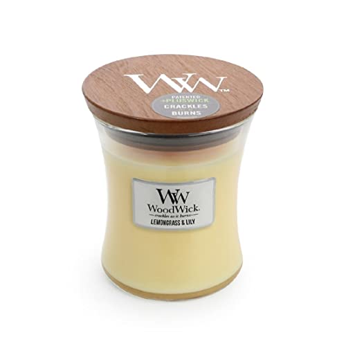 Woodwick Candela profumata Hourglass media con stoppino crepitante   Citronella e Giglio (Lemongrass & Lily)   Durata della fragranza: fino a 60 ore