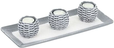 Relaxdays Portacandele Decorativo con Vassoio, 3 Porta-Tea Light e Sabbia, per Il Tavolino e Il Salotto, Grigio Bianco, Fibra di Legno, Polyresina, 5,5 x 32 x 13 cm