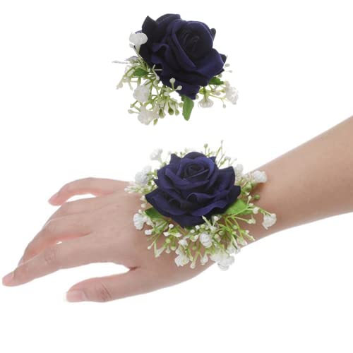 Rikyo Set di 2 bouquet da polso con fiore all'occhiello da 10,2 cm, rosa artificiale e gipsofila, fiori di seta fatti a mano, per matrimoni, accessori per abiti da ballo (blu scuro)