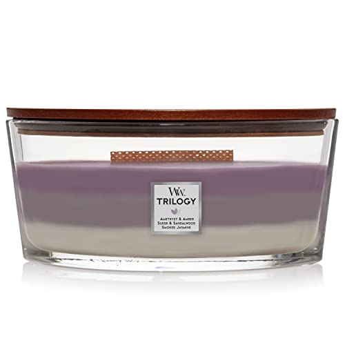 Woodwick Trilogy Candela profumata Ellipse con stoppino crepitante   Amethyst Sky   Durata della fragranza: fino a 50 ore