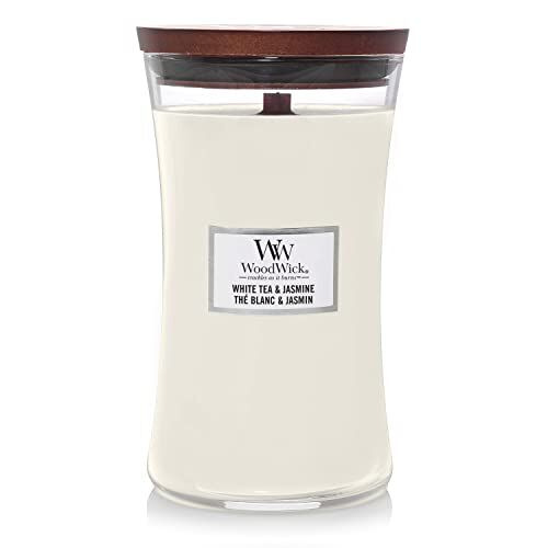 Woodwick candela grande profumata con stoppino scoppiettante   Tè Bianco e Gelsomino (White Tea & Jasmine)   Durata Fino a 130 Ore