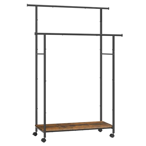 SONGMICS Stand Appendiabiti con Ruote, Attaccapanni Doppio con Ripiano, Largo 98,5 cm, Regge 100 kg in Totale, Struttura in Acciaio, Marrone Vintage e Nero Inchiostro HSR152B01