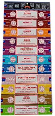 Satya Set di incenso 12 x 15 grammi include: Nag, Super Hit, Oodh, Positive Vibes, Namaste, Champa, Oppi, Reiki, Spiritual Healing, Karma, Ayurveda tradizionale e meditazione, legno