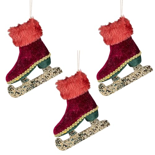 SHATCHI 3 mini stivali da pattino da ghiaccio bordeaux, 11 x 12 cm, decorazioni natalizie da appendere, ornamenti decorativi per le feste, ciondolo per albero di Natale a tema fiaba