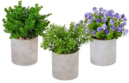 Relaxdays Set da 3 Piante Finte da Interno, Fiori Artificiali in Vaso, Piantine Indoor in Plastica, Verde Viola Grigio