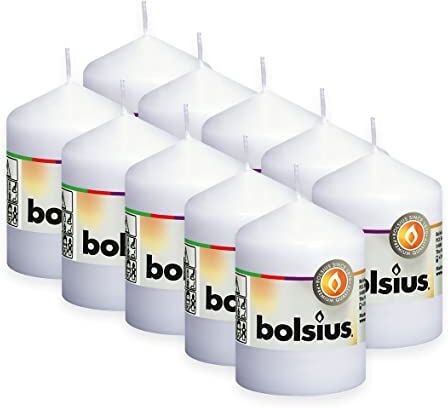 Bolsius Candele a pilastro lisce, colore bianco, 10 pezzi, 8 cm, candele decorative per la casa, lunghezza 17 ore, non profumate