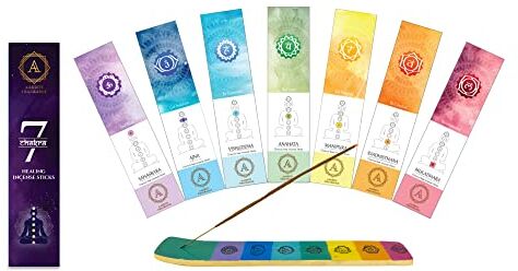 Aakriti Gallery AAKRITI 7 chakra incenso naturale Masala bastoncini di incenso, 100% puro biologico naturale, confezione da 7 con supporto in resina (7 chakra)