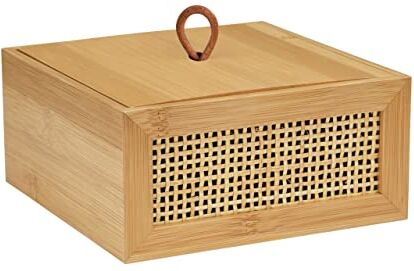 Wenko Box da Bagno Allegre M, Box Decorativo con Coperchio in Trendy Boho-Style, Intrecciato in Bambù e Rattan di Qualità, per Riporre Utensili da Bagno O Accessori, 15 X 7 X 15 Cm, Naturale