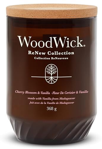 Woodwick ReNew Candela profumata con stoppino scoppiettante   Cherry Blossom & Vanilla   Miscela di cera di cocco e soia a base vegetale   Realizzata con materiali riciclati   Doni perfetti per donne