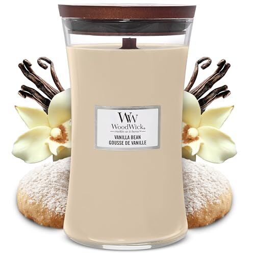Woodwick candela grande profumata con stoppino scoppiettante   Bacca di Vaniglia (Vanilla Bean)   Durata Fino a 130 Ore