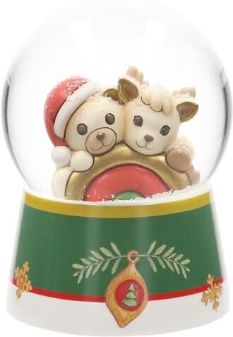 THUN Boule de Neige con Teddy e Renna Robin con Arcobaleno in Resina, Ceramica e Vetro, Versione Grande, Linea Desideri di Natale, 10 cm