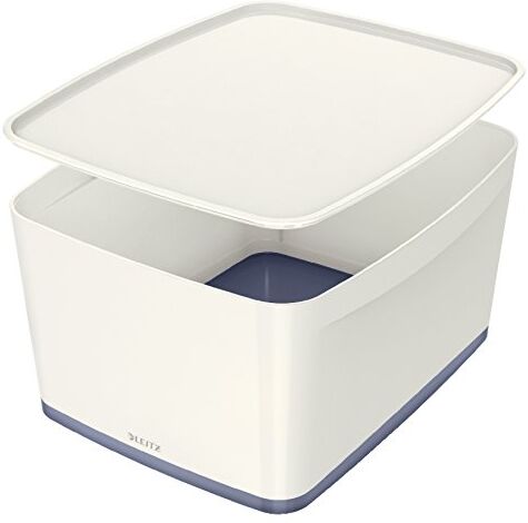 Leitz MyBox Contenitore con Coperchio Large, Contenitore per la Casa e l'Ufficio, 18 L, Finitura opaca, Plastica, senza BPA e sicuro per gli Alimenti, Bianco/Grigio,