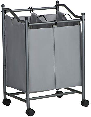 SONGMICS Carrello Porta Biancheria con 2 Sacchi Rimovibili, Ceste per Bucato con Rotelle Universali, Organizzatore di Giocattoli, Stabile, 2 x 45 Litri, Grigio