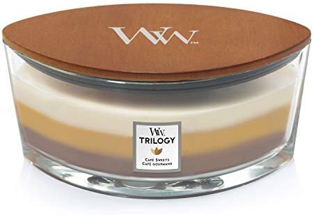 Woodwick Ellipse Trilogy candela profumata con fiamma Hearthwick, Dolci al caffè