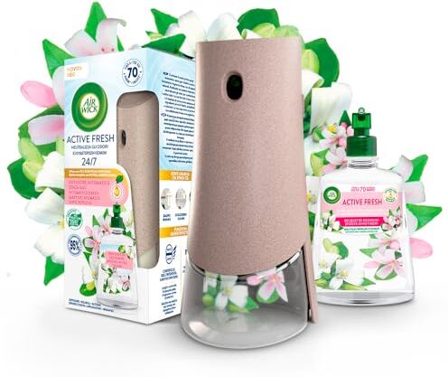 Airwick Air Wick Active Fresh Deodorante per Ambienti, Confezione con 1 Diffusore Automatico senza gas, 1 Ricarica alla Fragranza Bouquet di Gelsomini 228ml, 2 Pile AA, Neutralizza Odori 24/7