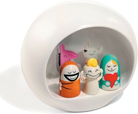 Alessi Presepe di Design con Riproduzione della Grotta e Statuine in Porcellana Decorate a Mano, Bianco, 5 pezzi