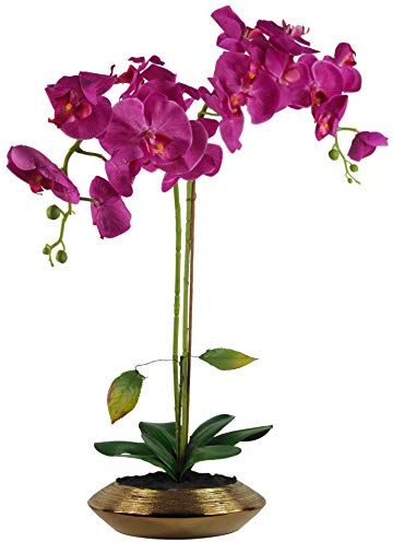 Leaf Foglia 70 cm orchidea artificiale rosa scuro con piatto in ceramica oro, materiali misti