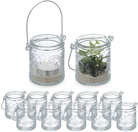 Relaxdays Vasetti Portacandele, Set 12, Vasi in Vetro, Manico Ferro, Indoor Outdoor HxD: 7 x 6 cm, Trasparente Argentato