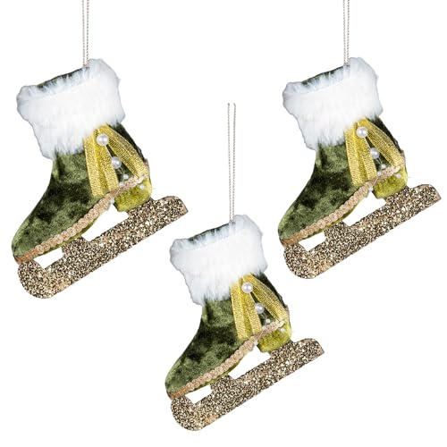 SHATCHI 3 mini stivali da pattino da ghiaccio verdi, 11 x 12 cm, decorazioni da appendere all'albero di Natale, ornamenti decorativi festivi, ciondoli per albero di Natale a tema fiaba