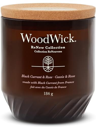 Woodwick ReNew Candela profumata con stoppino scoppiettante   Black Currant & Rose   Miscela di cera di cocco e soia a base vegetale   Realizzata con materiali riciclati   Doni perfetti per donne