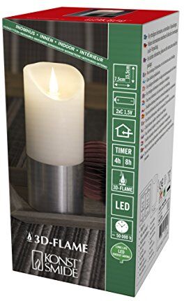 Konstsmide Candela a batteria, luce vivente 3D, fiamma mobile tremolante a batteria, vera cera, funzione timer 4 o 8 ore, dettagli argentati, 15,5 cm di altezza x 7,5 cm, bianco caldo