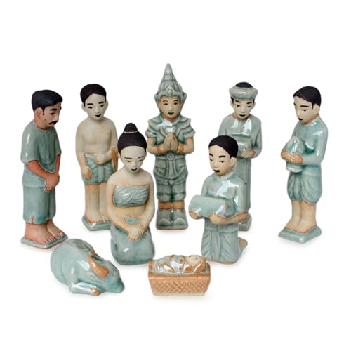 NOVICA Blue Celadon Presepe in ceramica fatta a mano, altezza 12,7 cm, set da 9